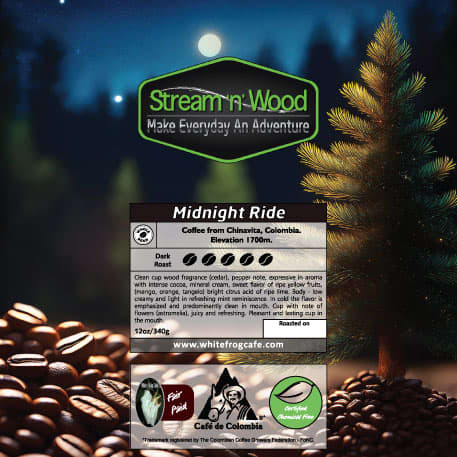 Stream N Wood Midnight Ride Coffee, Dark Roast, Whole Bean - 340G Bag (By White Frog Cafe)