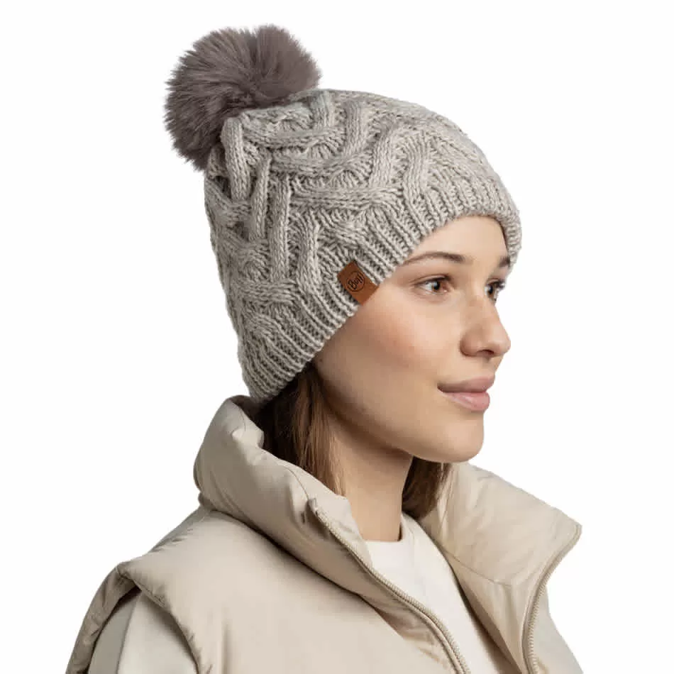 Buff Knitted & Fleece Band Beanie Caryn Ecru